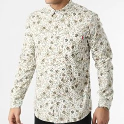 Grosses soldes 🎁 Chemise Manches Longues Floral Camus Blanc Beige Vert de American People 🎁