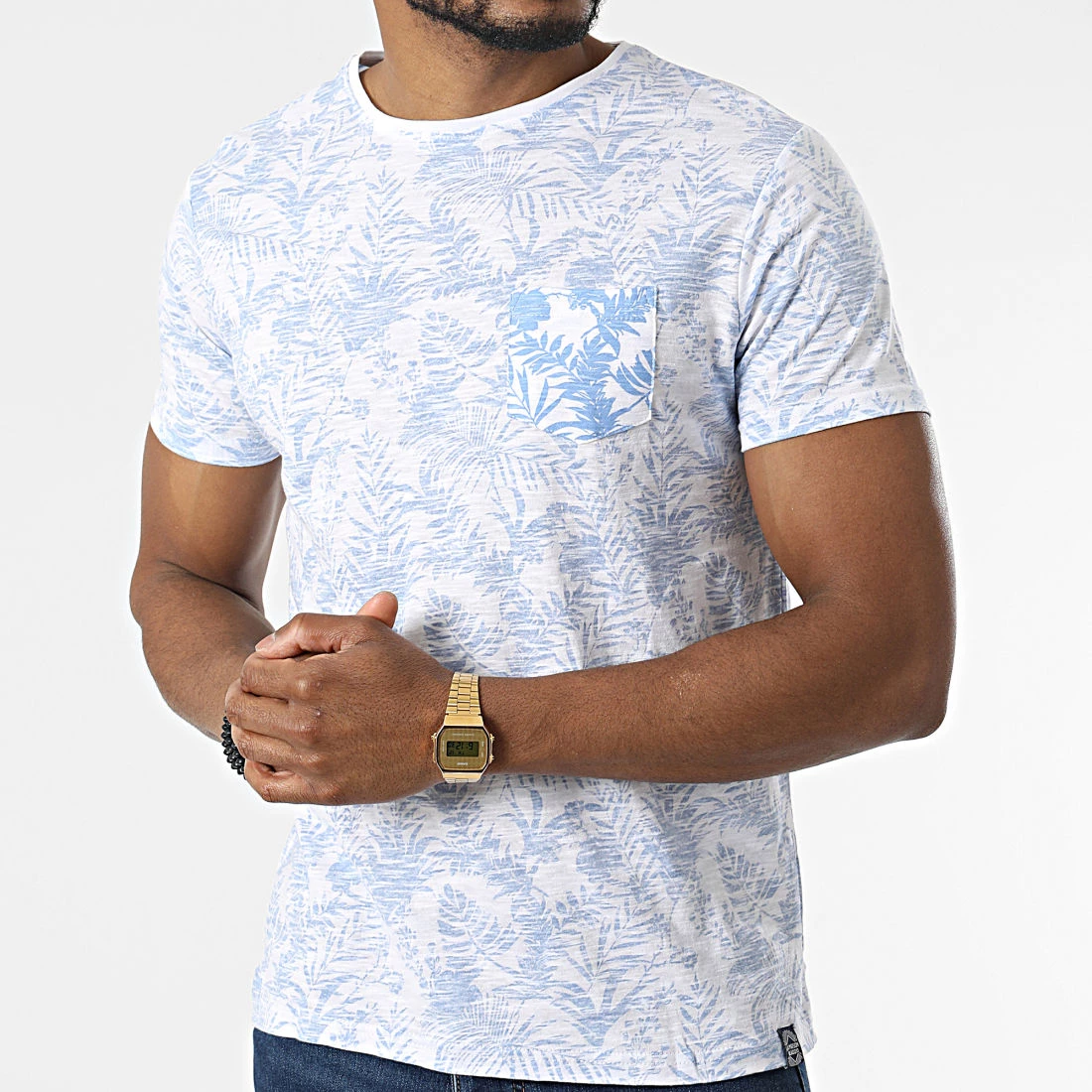 Top 10 ⭐ Tee 👚 Shirt A Poche Poitrine Manhattan Blanc Bleu Clair Floral de La Maison Blaggio 👍 – Image 3