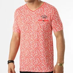 Meilleure affaire 🤩 T-shirt Col V A Poche Poitrine Miramar Orange Blanc Floral de La Maison Blaggio 😉